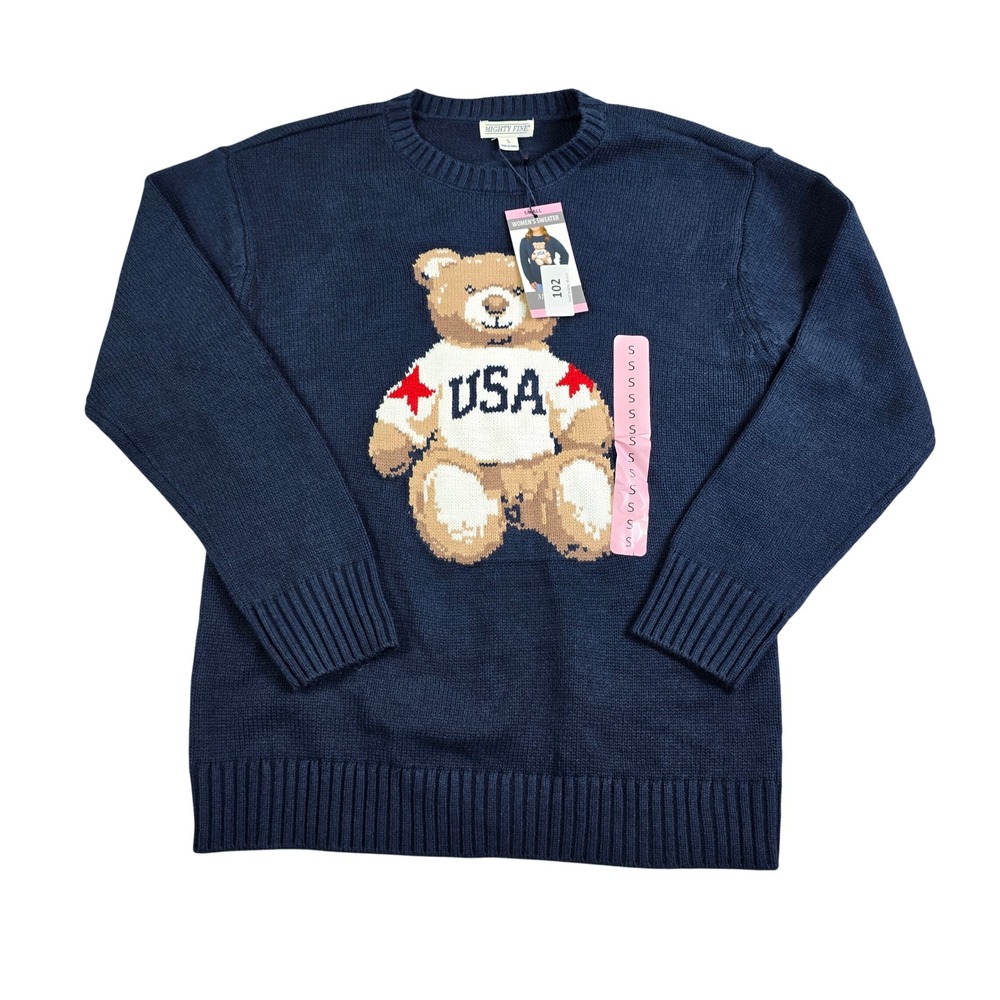 Mighty Fine USA Teddy Bear Sweater Women S Navy Blue Patriotic Intarsia Knit New